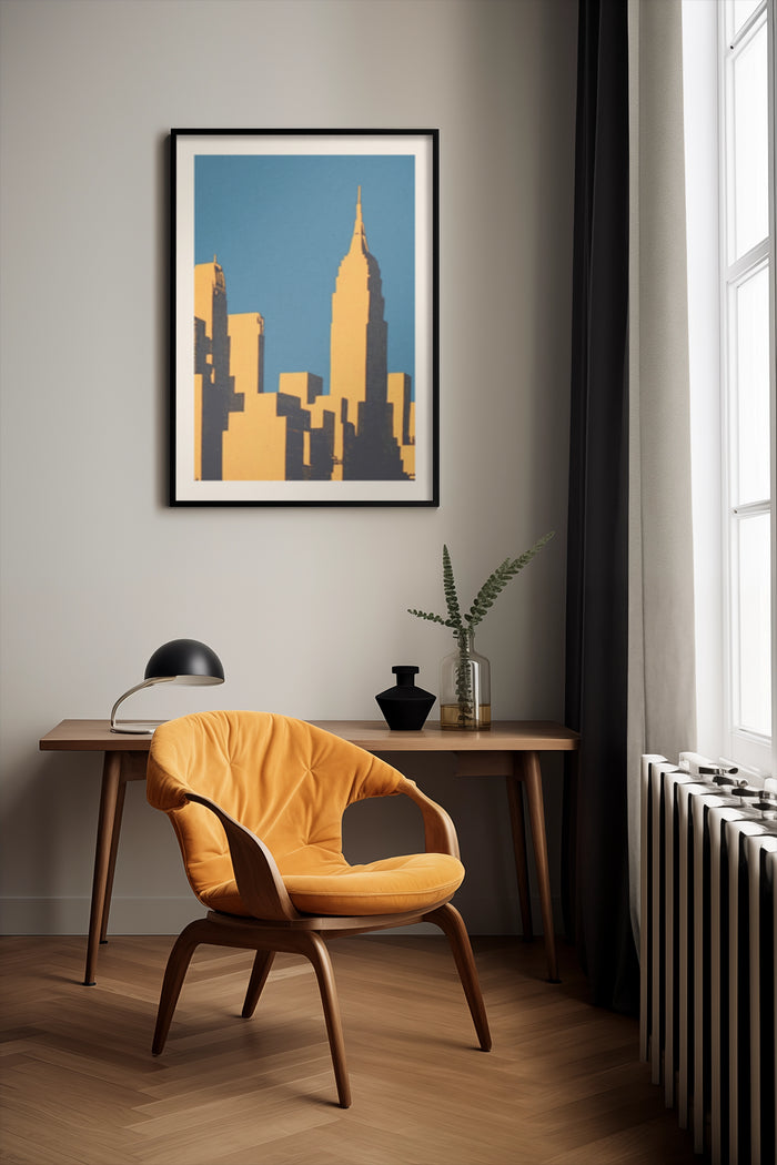 Modern Skyscraper Silhouette Poster Art Decorating Home Office with Stylish Yellow Chair and Wooden Desk