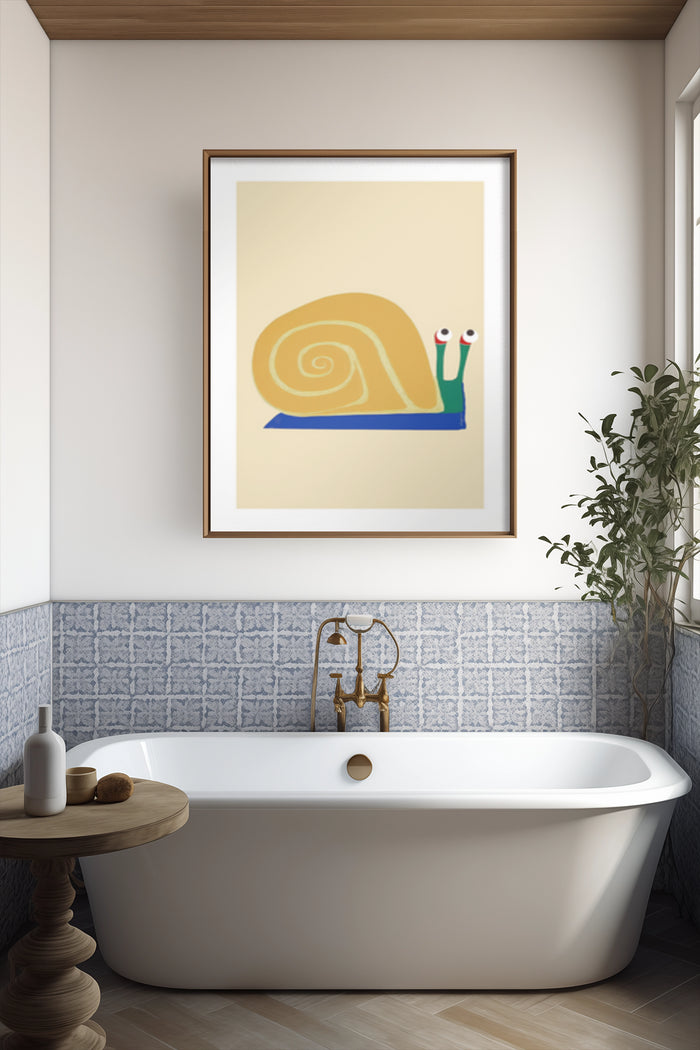 Modern minimalist snail illustration poster hanging above a bathtub in a stylish bathroom interior
