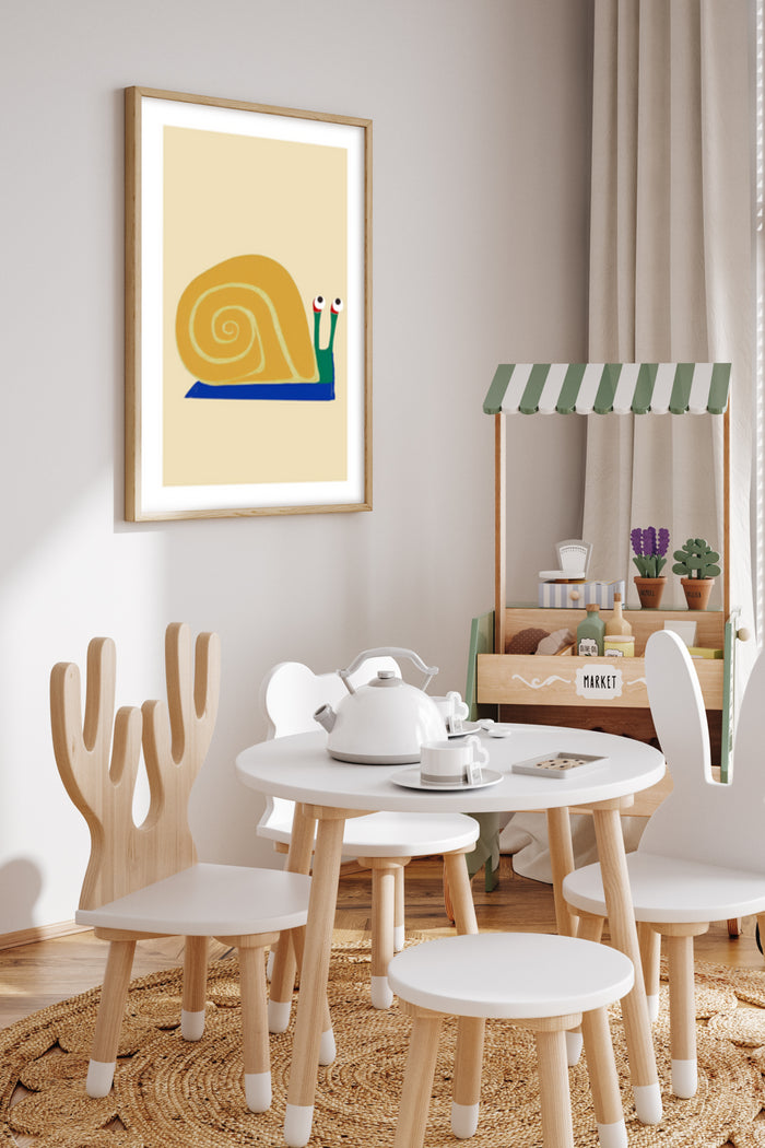 Colorful modern snail illustration poster in a children's room setting