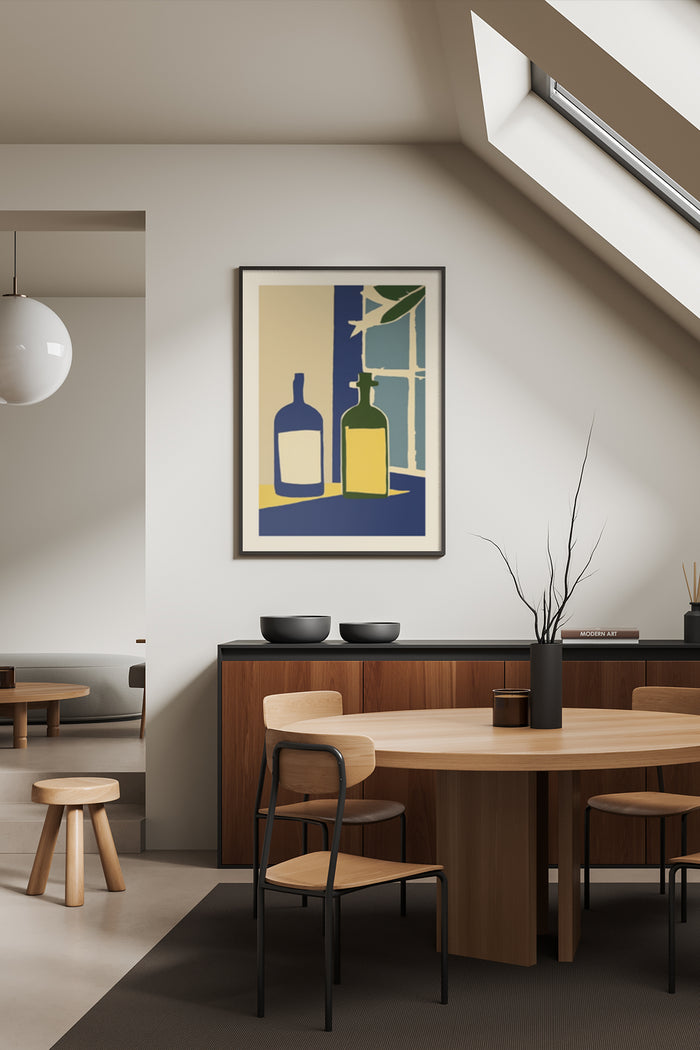 Contemporary still life poster featuring abstract bottles design in a stylish dining room interior