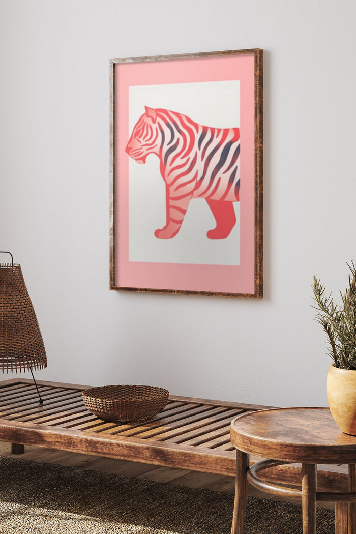Contemporary striped tiger poster art displayed in a stylish home interior