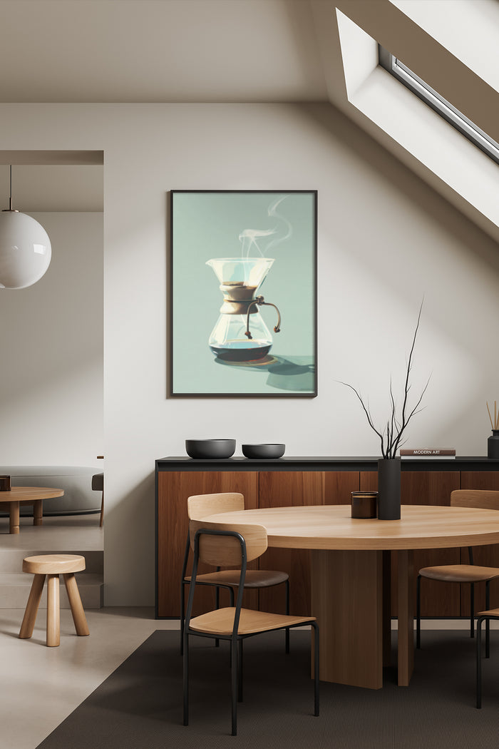 Framed poster of a modern styled coffee maker in a contemporary dining room