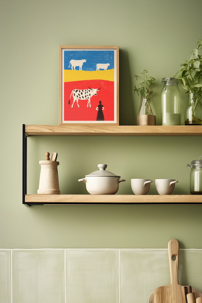 Modern stylized cow and herder poster in a wooden frame displayed on a kitchen shelf