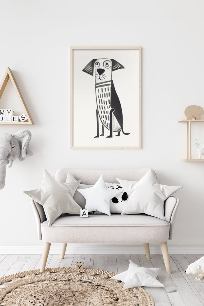 Stylized black and white dog poster in a modern living room setting