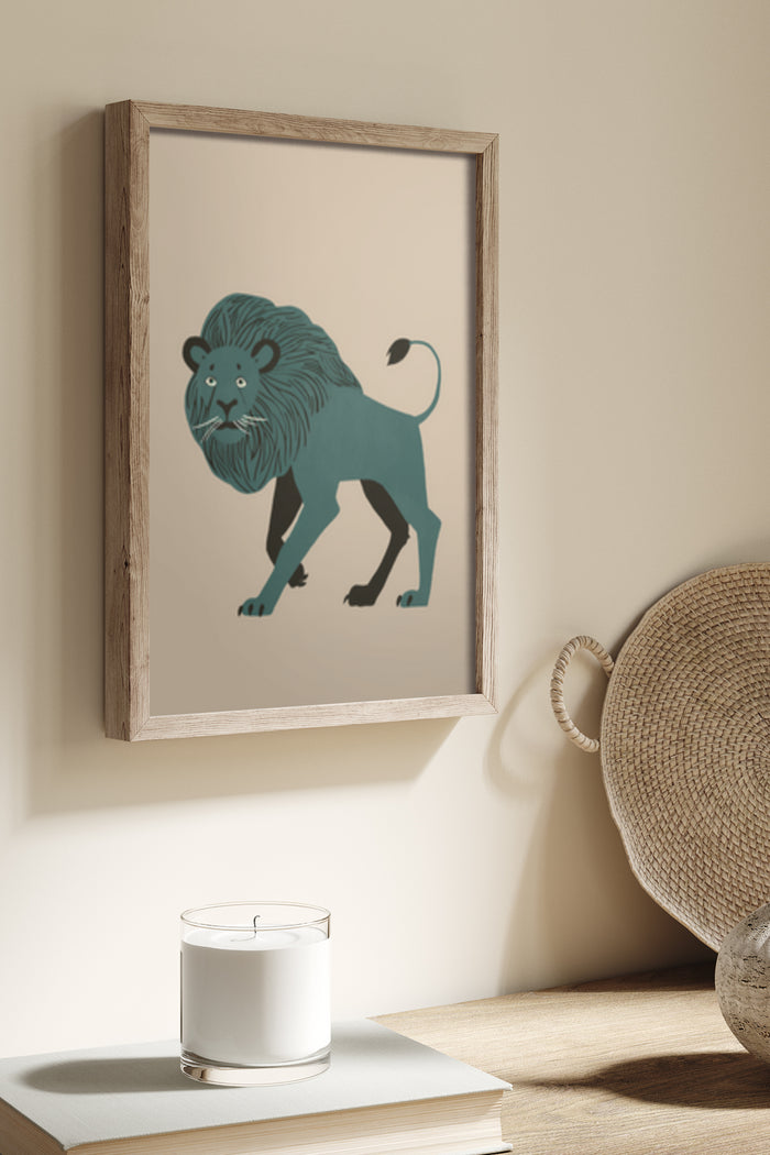 Contemporary Stylized Lion Illustration in Wooden Frame for Modern Home Decor