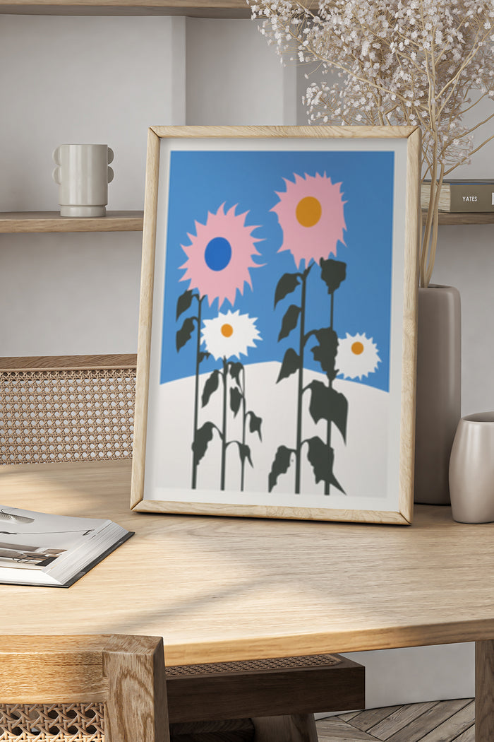 Modern Sunflower Graphic Art Poster in Wooden Frame for Home Decoration