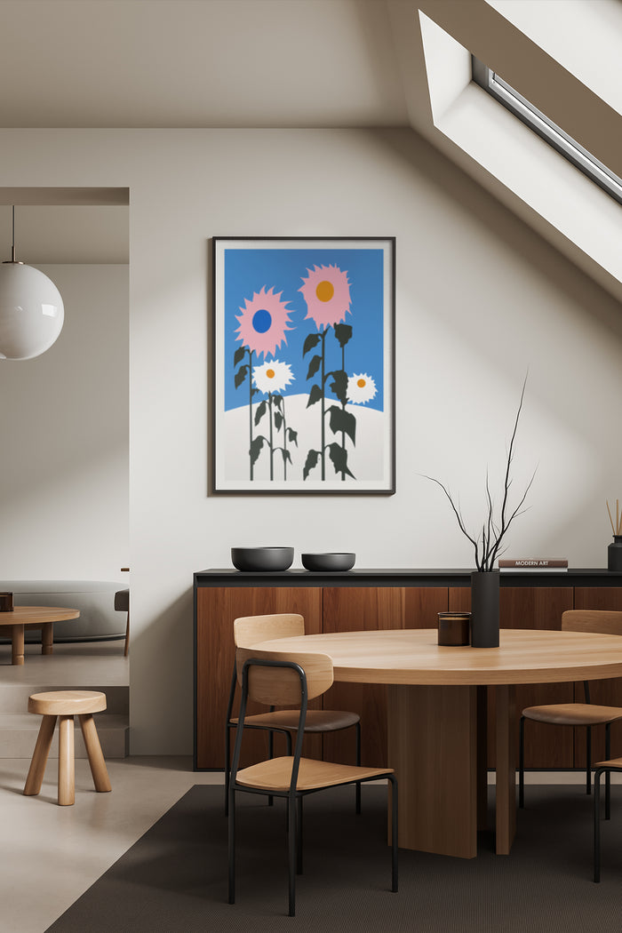 Stylized modern sunflower art poster in a minimalist dining room setting