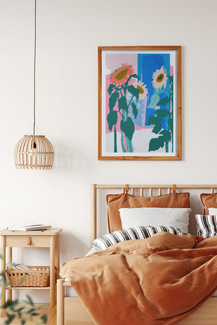 Contemporary sunflower poster framed on bedroom wall above bed with stylish decor