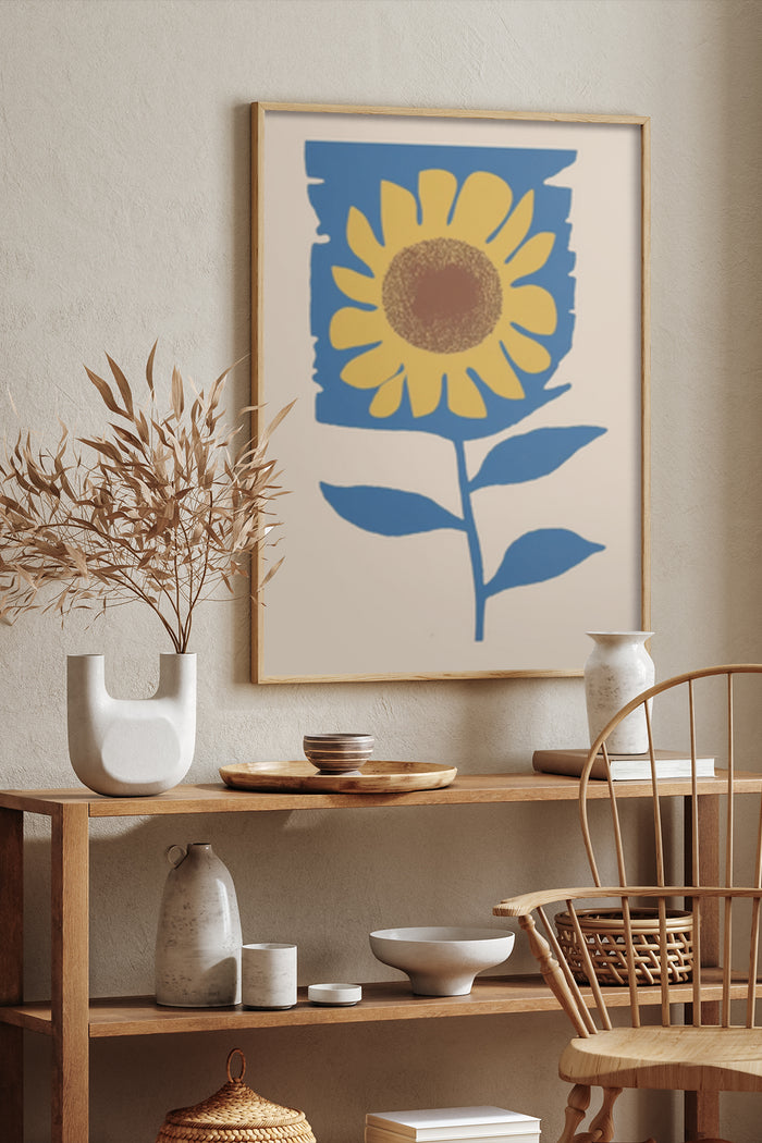 Modern Sunflower Art Poster displayed in a stylish living room setting