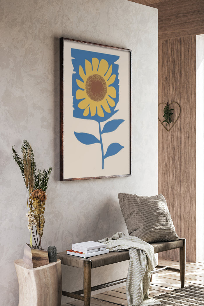 Minimalist sunflower poster framed on a living room wall with stylish home decor