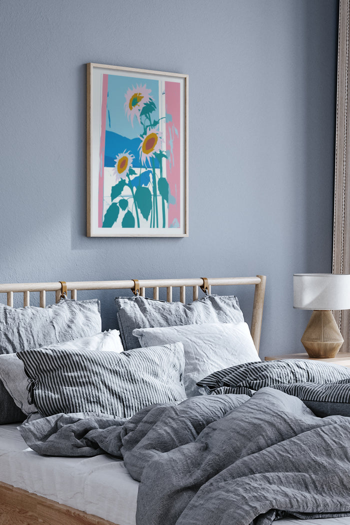 Modern Sunflower Poster Artwork in Cozy Bedroom Interior