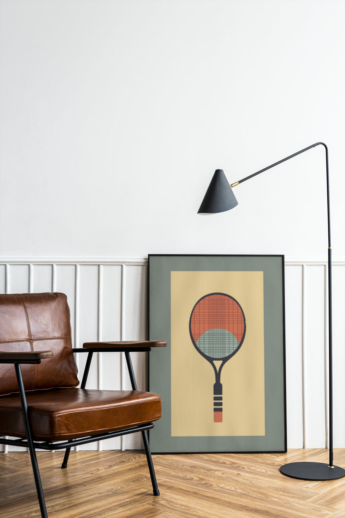 Minimalist modern tennis racket poster in stylish interior setting with leather chair and floor lamp