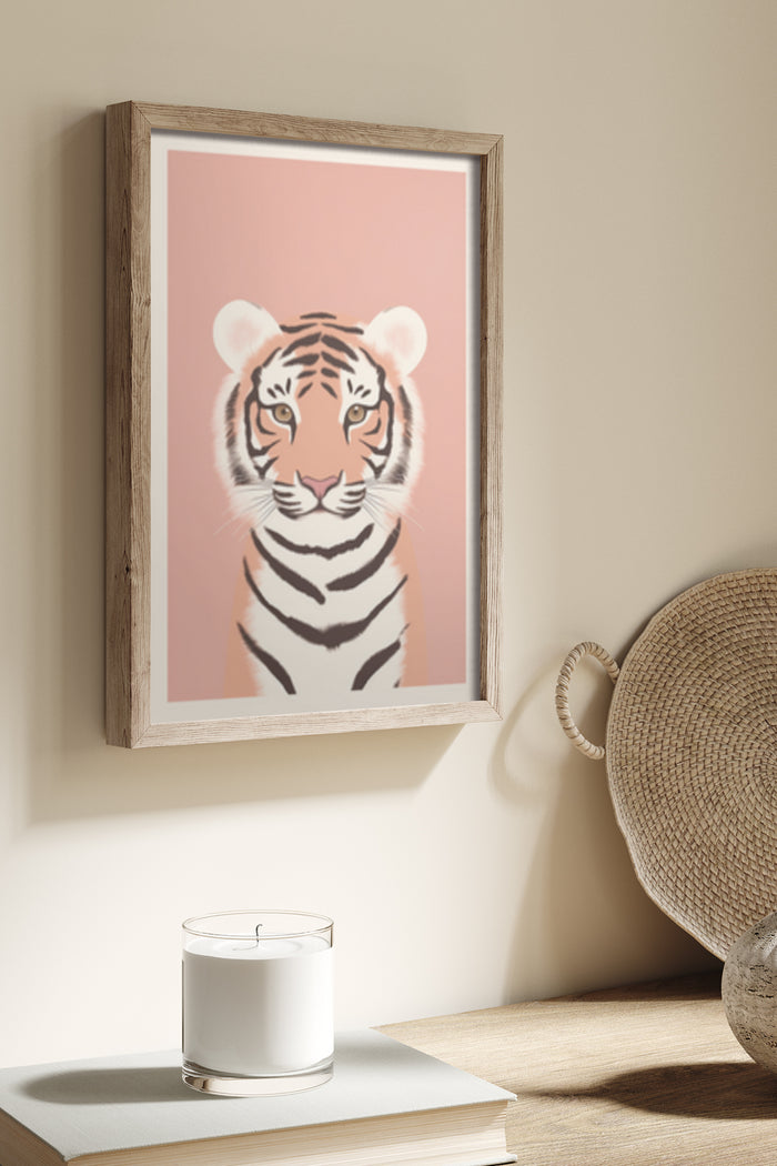 Stylized Modern Tiger Artwork in Wooden Frame on Home Wall