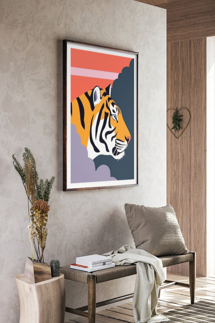 Stylish modern tiger artwork framed on a wall in a contemporary home setting