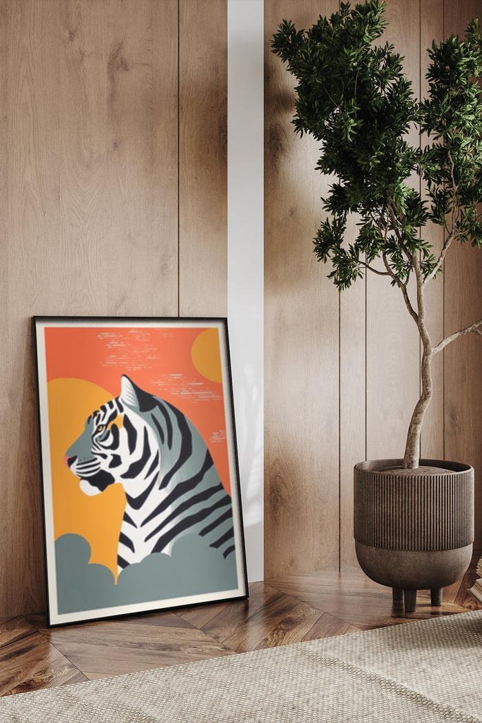 Modern tiger artwork poster against wooden wall with potted tree in stylish interior