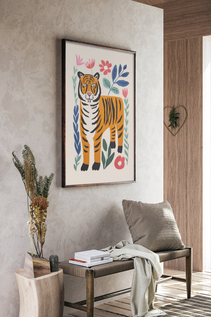 Stylized modern tiger illustration with colorful floral elements poster in interior setting
