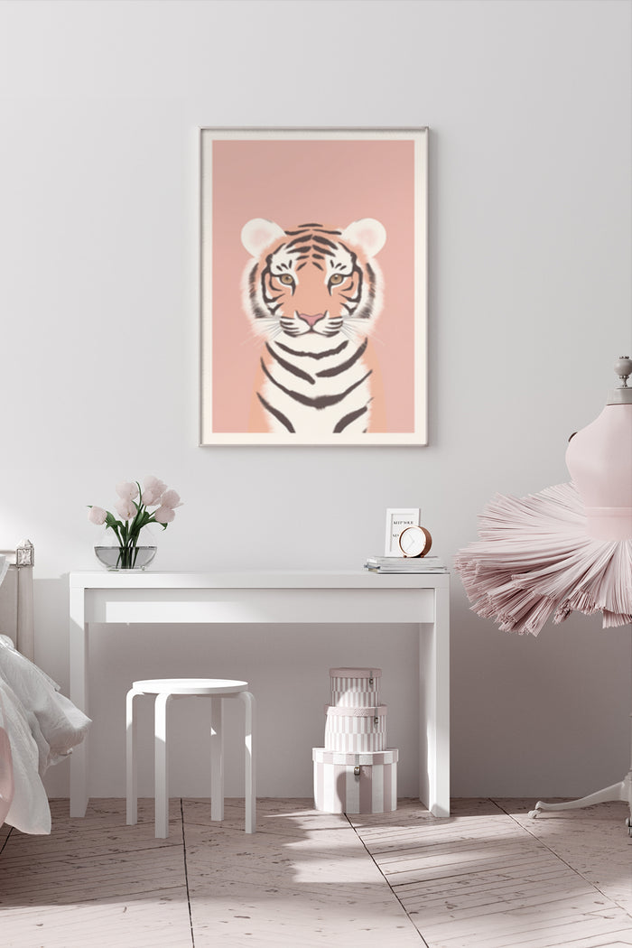 Stylish modern tiger illustration poster displayed in a chic bedroom setting