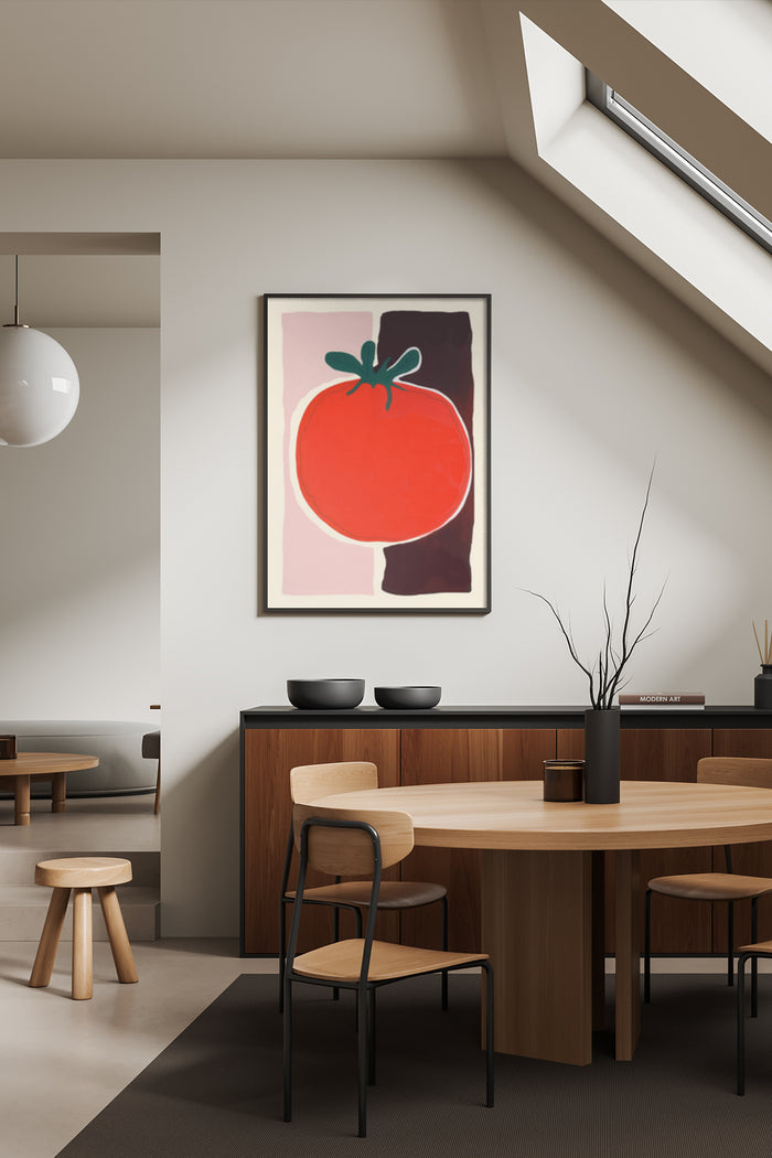 Minimalist modern tomato artwork poster displayed in contemporary dining room interior