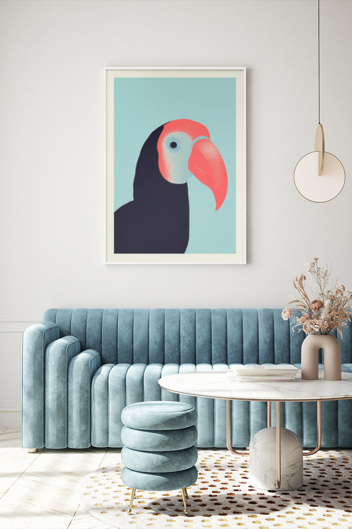 Contemporary toucan bird artwork poster framed on a living room wall
