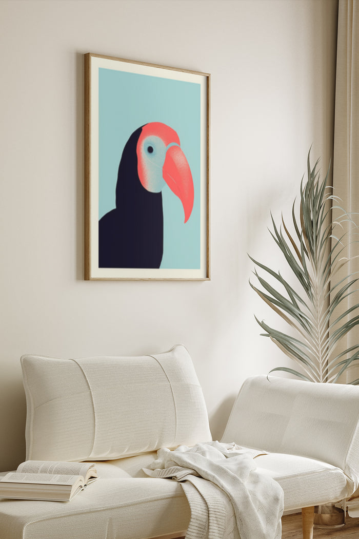 Modern toucan bird artwork poster in a wooden frame displayed in a cozy living room interior