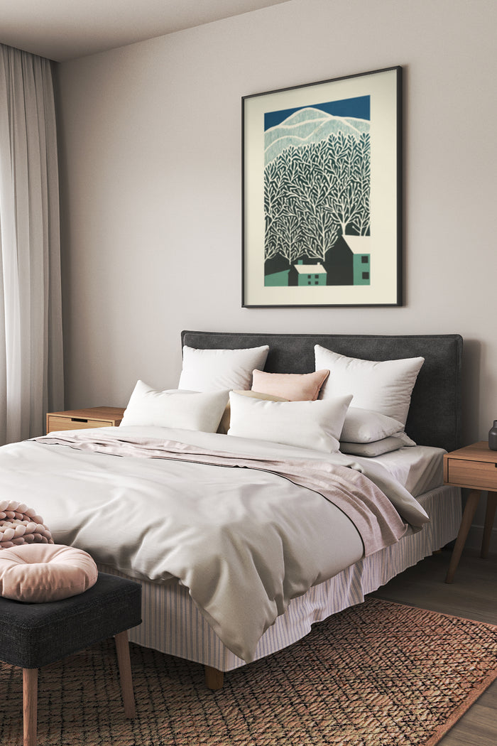 Stylish modern tree artwork hanging above the bed in a contemporary bedroom setting