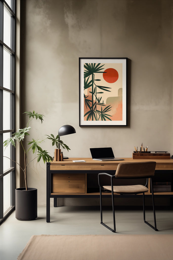 Stylish tropical theme artwork with warm tones on display in a contemporary home office setup