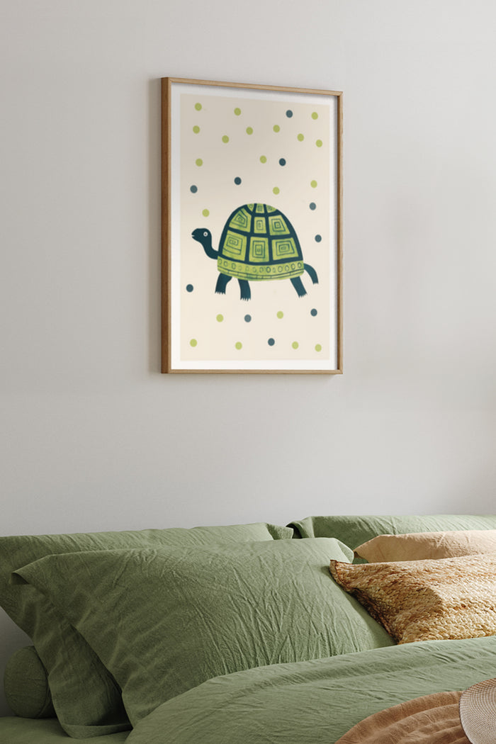 Stylized modern turtle artwork poster framed on bedroom wall