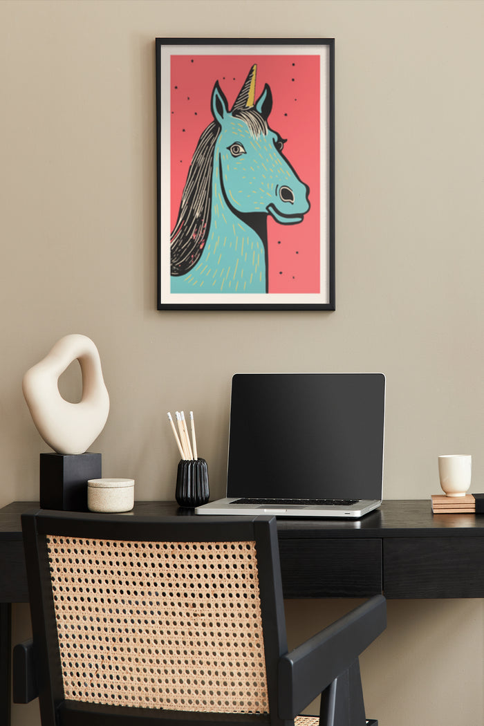 Stylish unicorn illustration poster in a modern home office setup