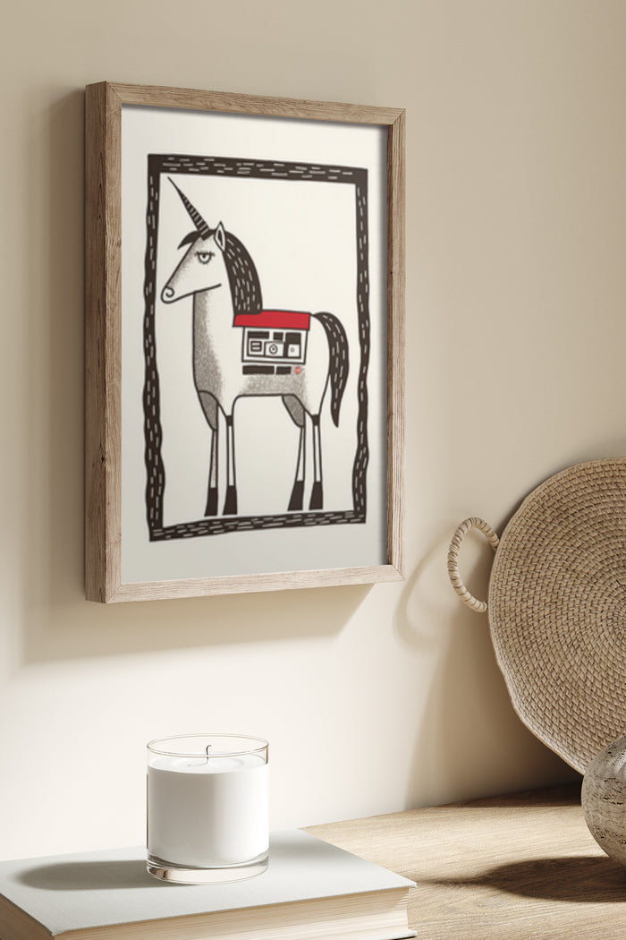 Contemporary Black and White Unicorn with Boombox Poster Art Framed on Wall