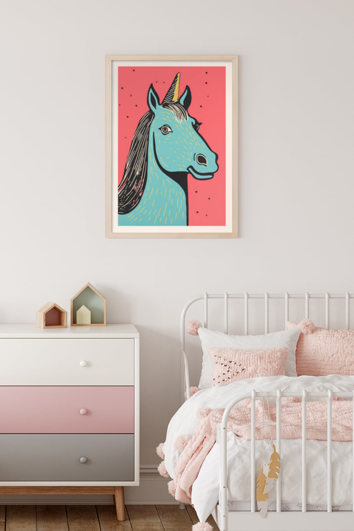 Stylized unicorn illustration in a pink and red color palette, framed poster on bedroom wall