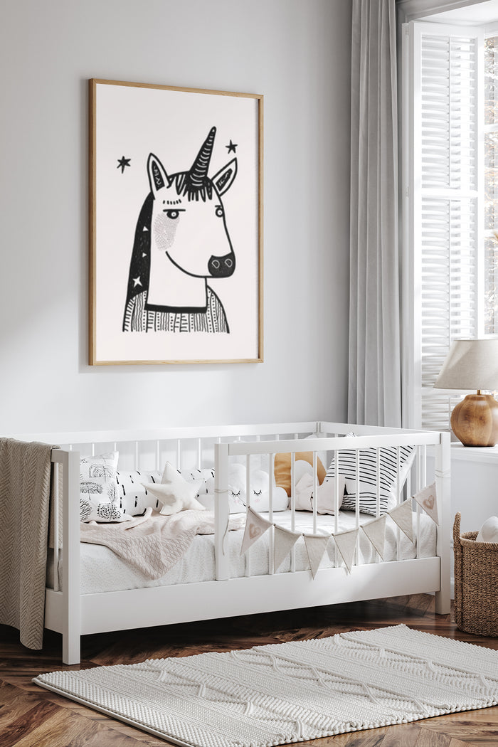 Contemporary black and white unicorn artwork in children's room