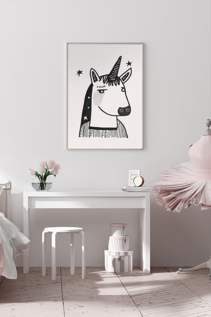 Modern Black and White Unicorn Illustration Poster in a Stylish Bedroom Interior