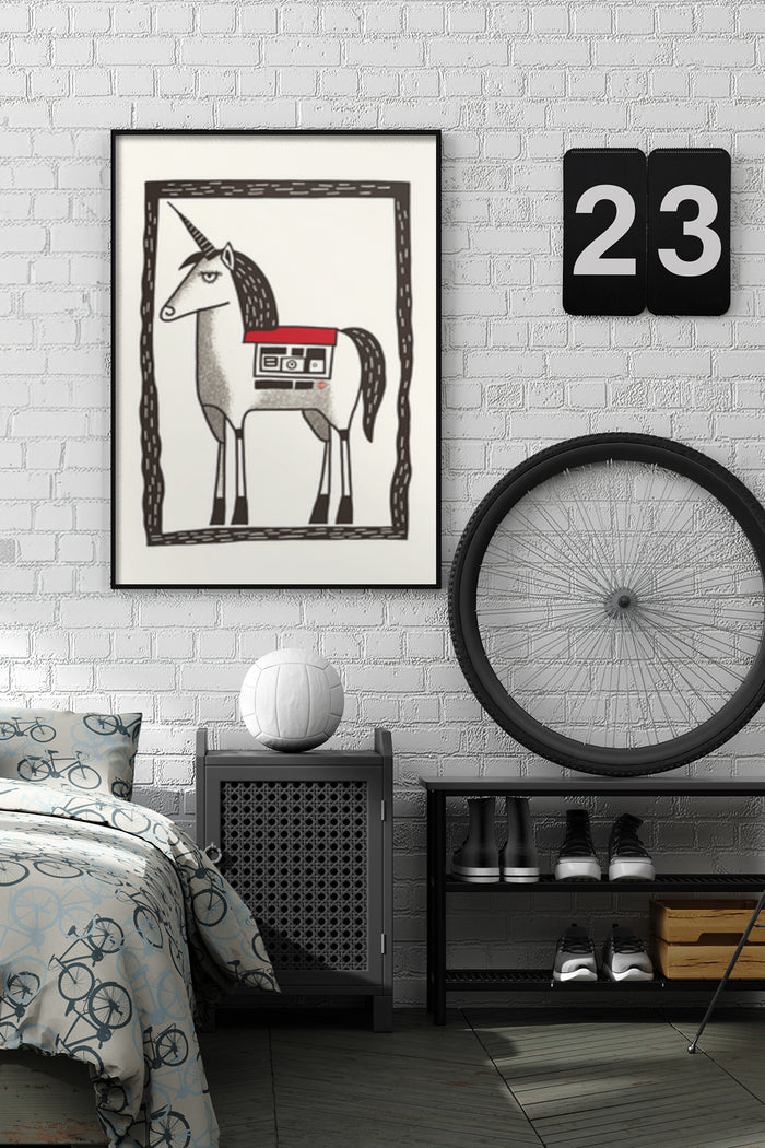 Modern illustrated unicorn poster art in a stylish bedroom setting