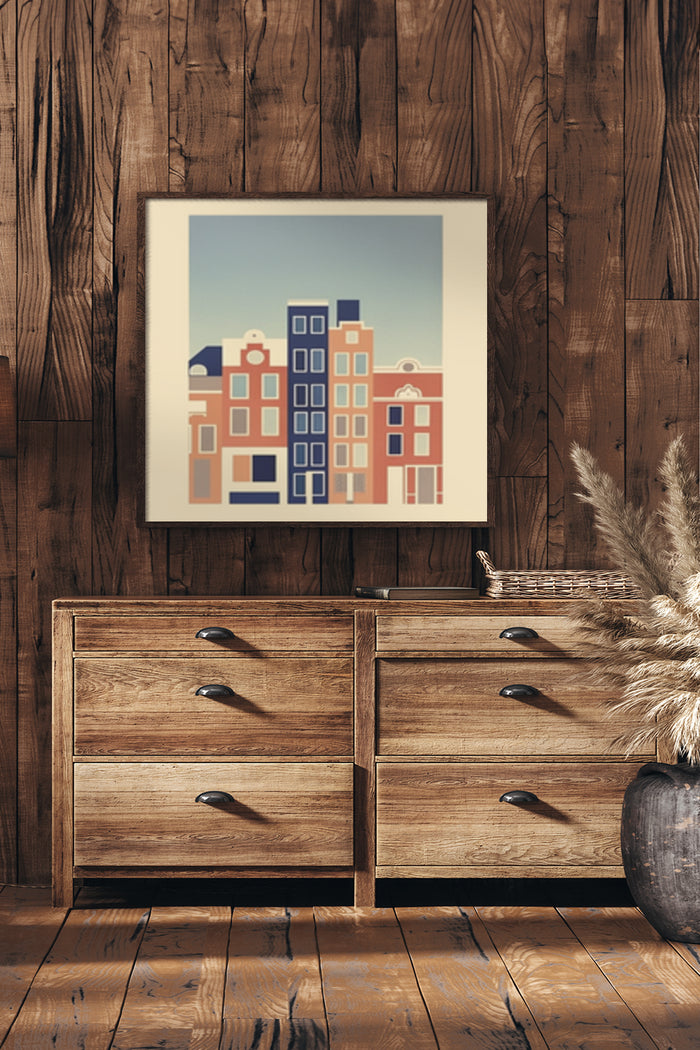 Stylish modern urban architecture art poster displayed above a wooden dresser in a rustic interior setting