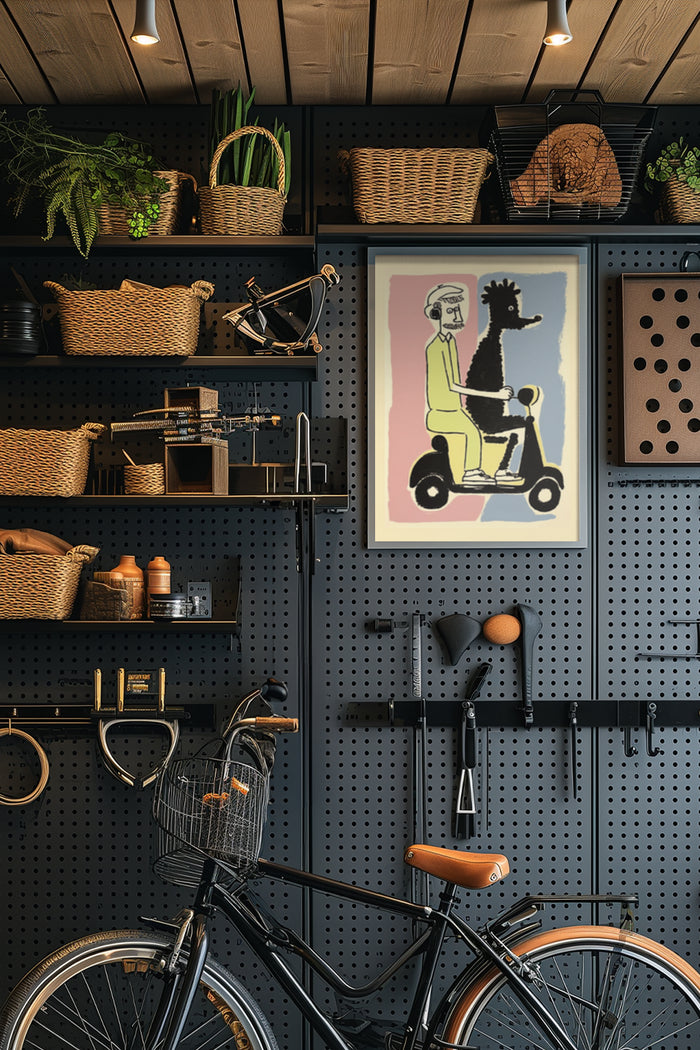 Contemporary urban bike shop interior decoration featuring a stylish artistic poster with humanoid figure on scooter