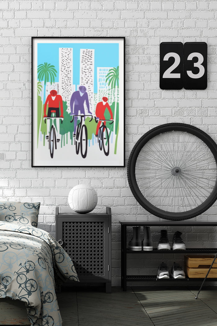 Stylish modern poster of cyclists with urban backdrop in a well-decorated bedroom