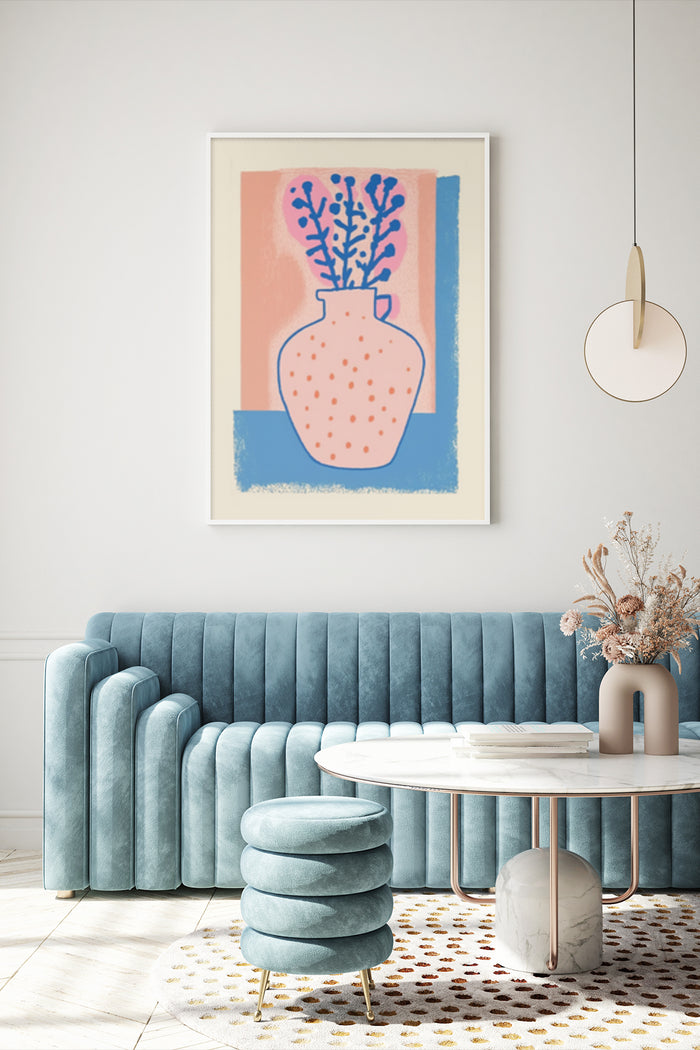 Modern vase and blue plants artwork poster displayed above blue velvet sofa in stylish living room