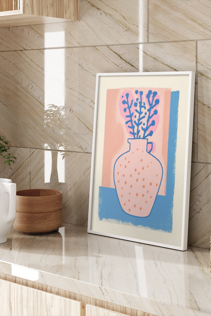 Modern Art Poster Featuring a Pink Vase with Blue Plant Illustration