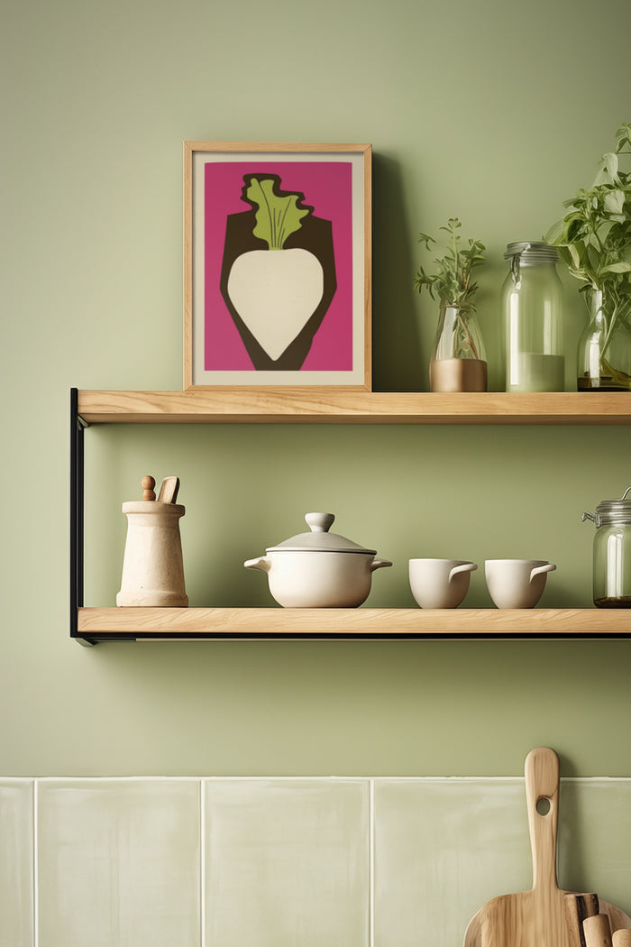 Stylized beetroot art print in wooden frame on kitchen shelf