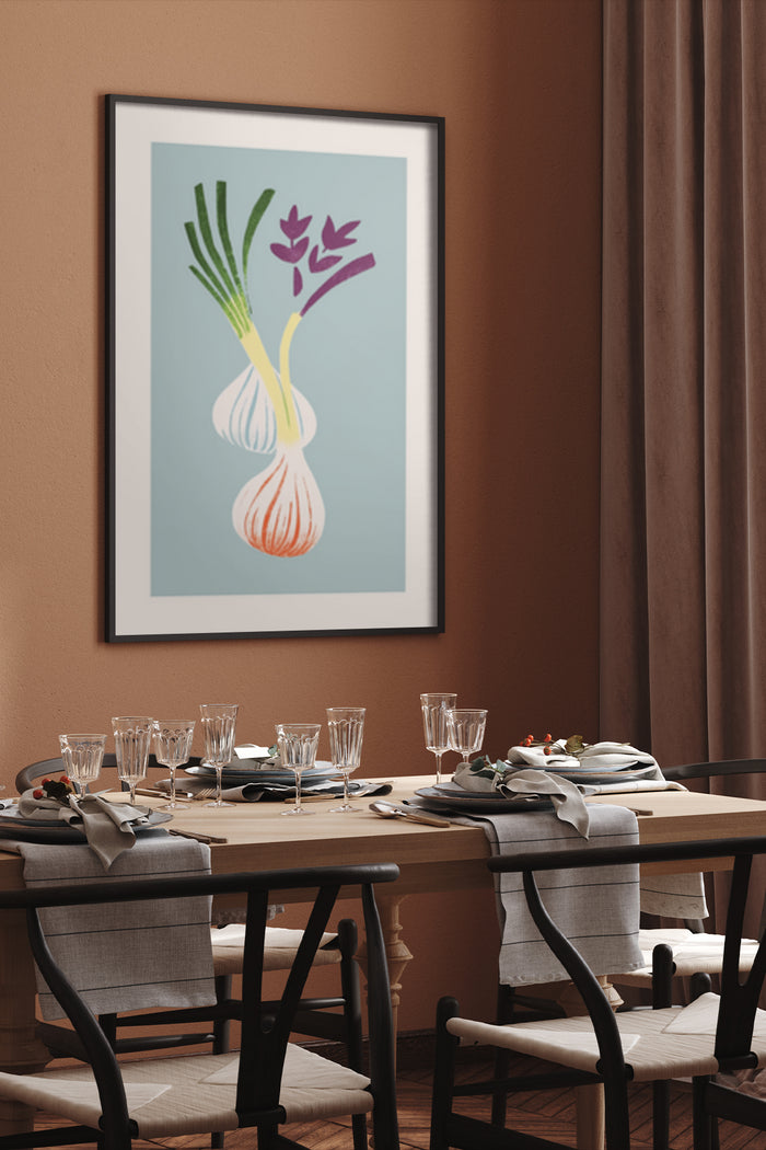 Contemporary art poster featuring stylized vegetables in dining room setting