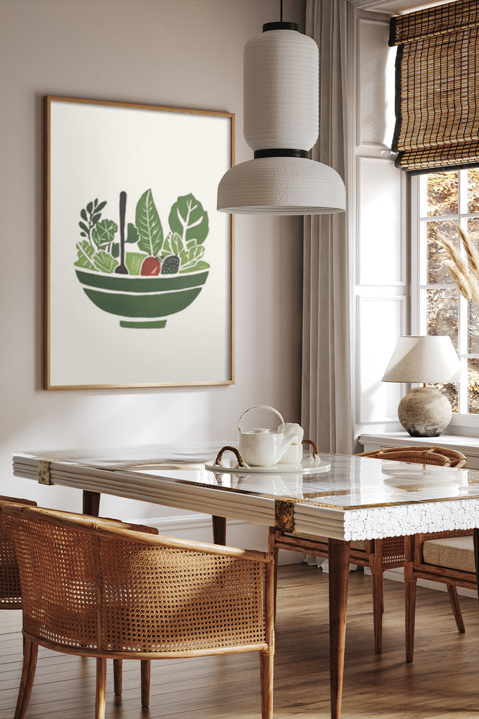 Stylish modern art poster of a vegetable bowl in a cozy dining room setting