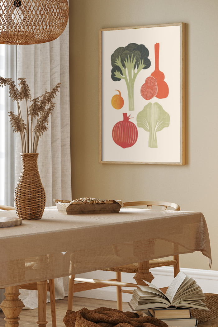 Modern kitchen with dining table featuring a vegetable art poster including broccoli, garlic, onion, and lettuce illustration