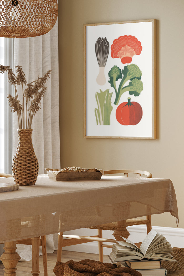 Contemporary kitchen poster featuring stylized illustrations of garlic, mushroom, broccoli, leek, and tomato