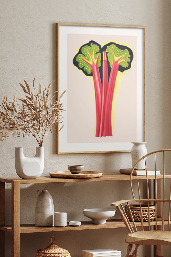 Contemporary Rhubarb Vegetable Art Poster in Stylish Home Decor Setting