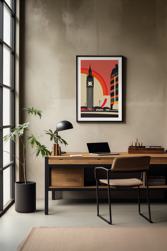 Stylish home office with a vintage-inspired clock tower poster on the wall