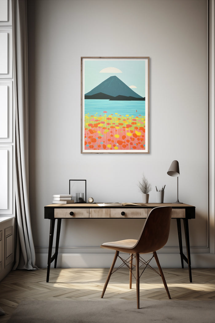 Contemporary art poster of a stylized volcano landscape in a modern home office setting