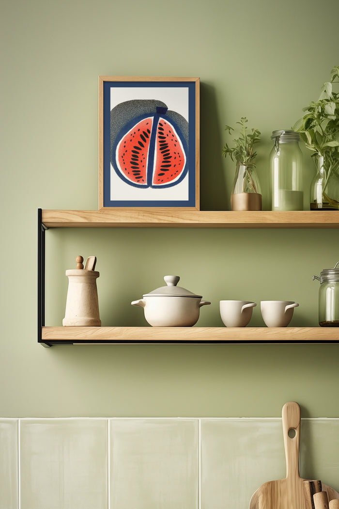 Stylish framed poster of watermelon slice art in contemporary kitchen setting