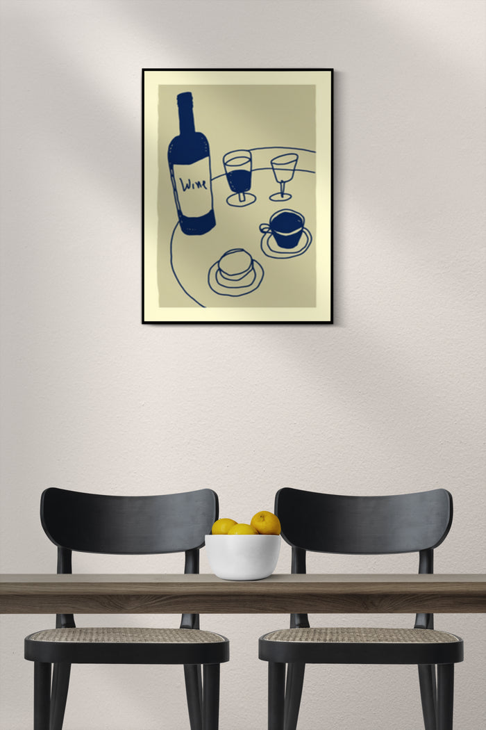 Contemporary Wine Bottle and Glasses Coffee Cup Line Art Poster in Dining Room