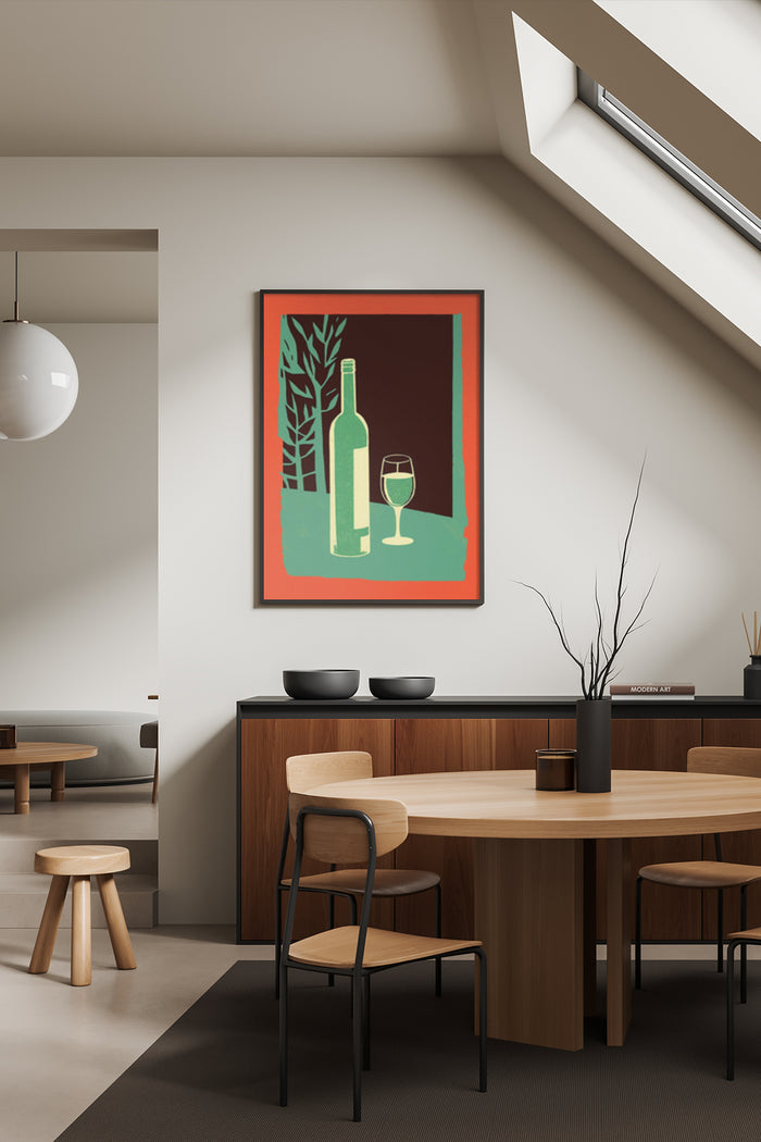 Contemporary art poster featuring a bottle of wine and a glass in a stylish dining room setting