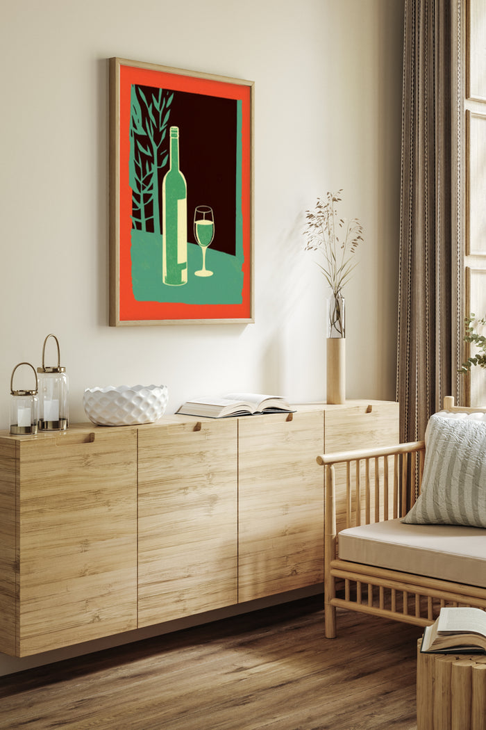 Modern graphic poster with wine bottle and glass artwork in stylish home interior